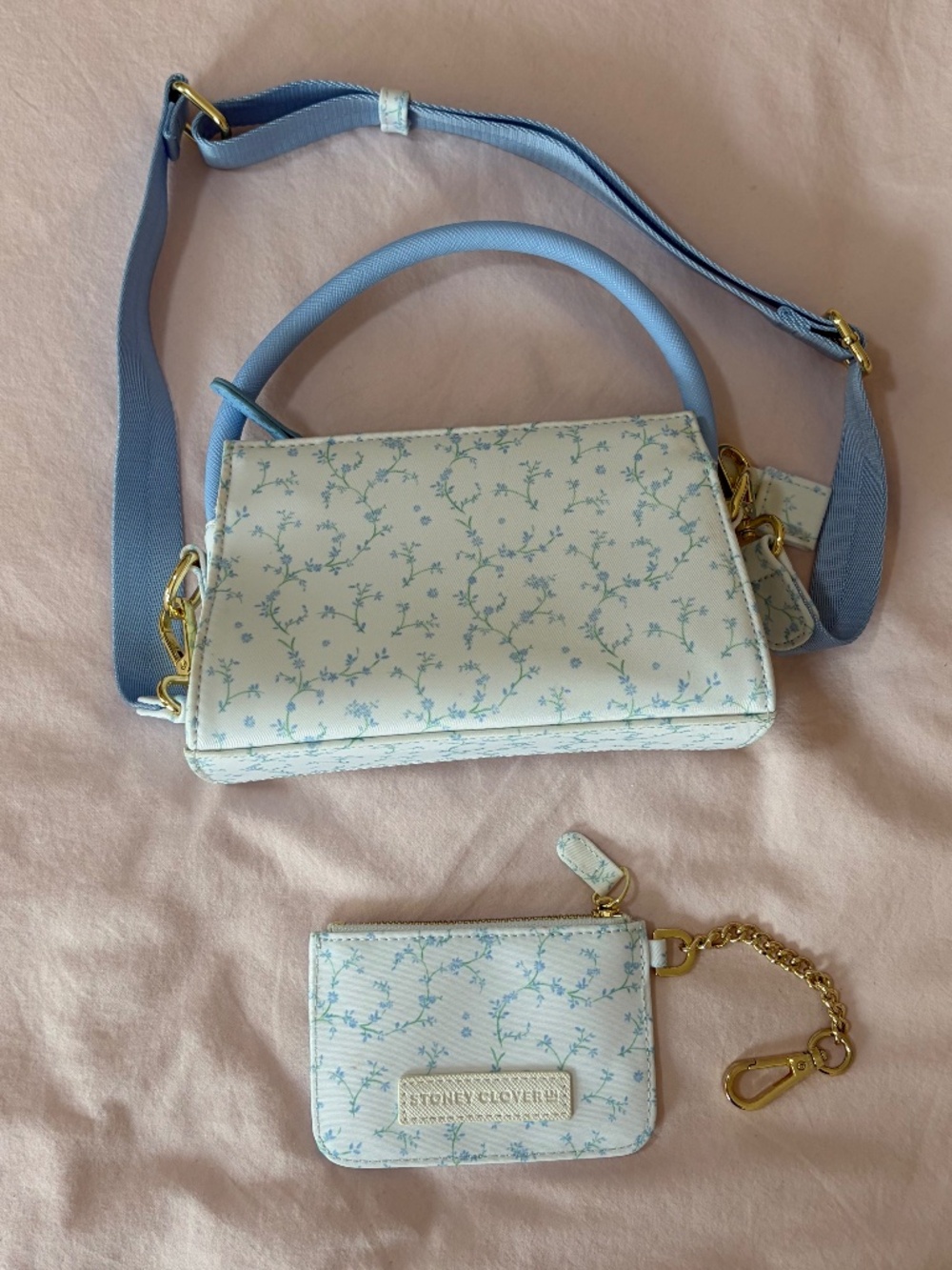 Stoney Clover Lane Top Handle Crossbody Bag Blue White Floral with Card Holder